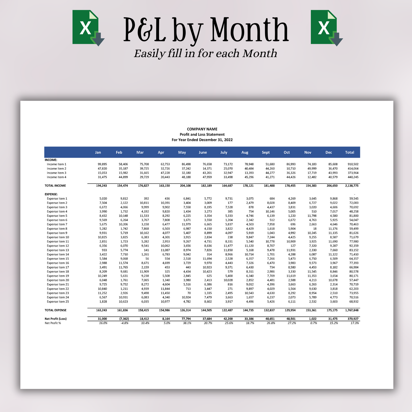 Monthly Profit & Loss (Excel)