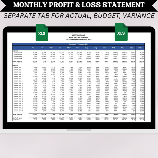 Monthly Profit & Loss with Actual, Budget & Variance (Excel)