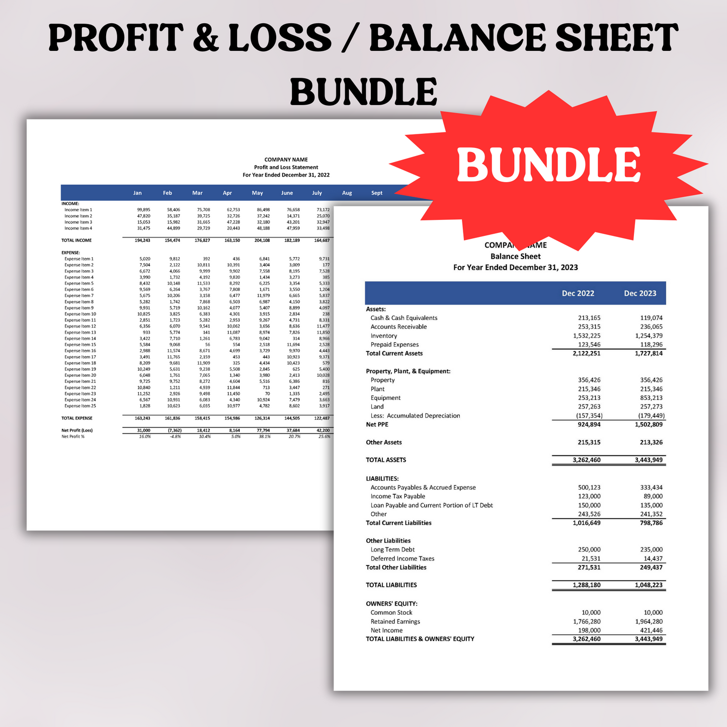 BUNDLE Profit and Loss Statement & Balance Sheet (Excel)