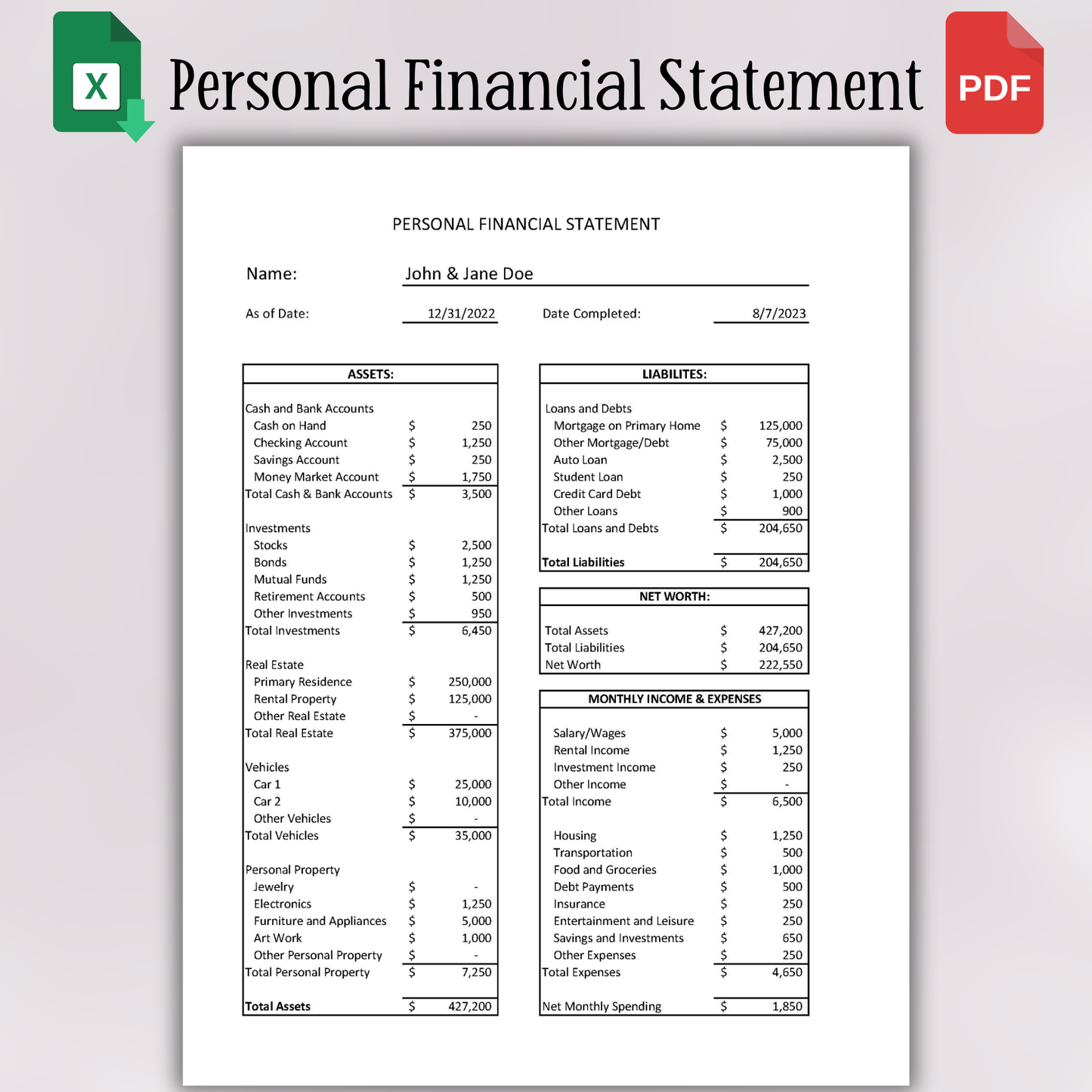 Personal Financial Statement (Google Sheets)