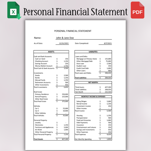 Personal Financial Statement (Google Sheets)