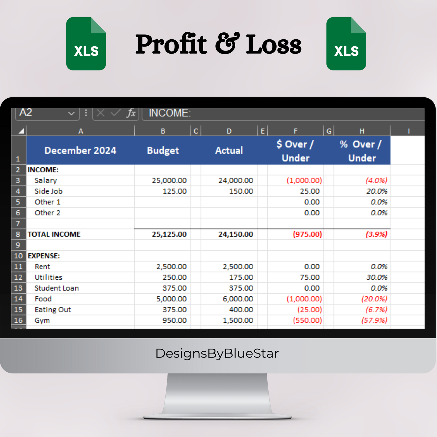 Profit & Loss with Budget (Excel)