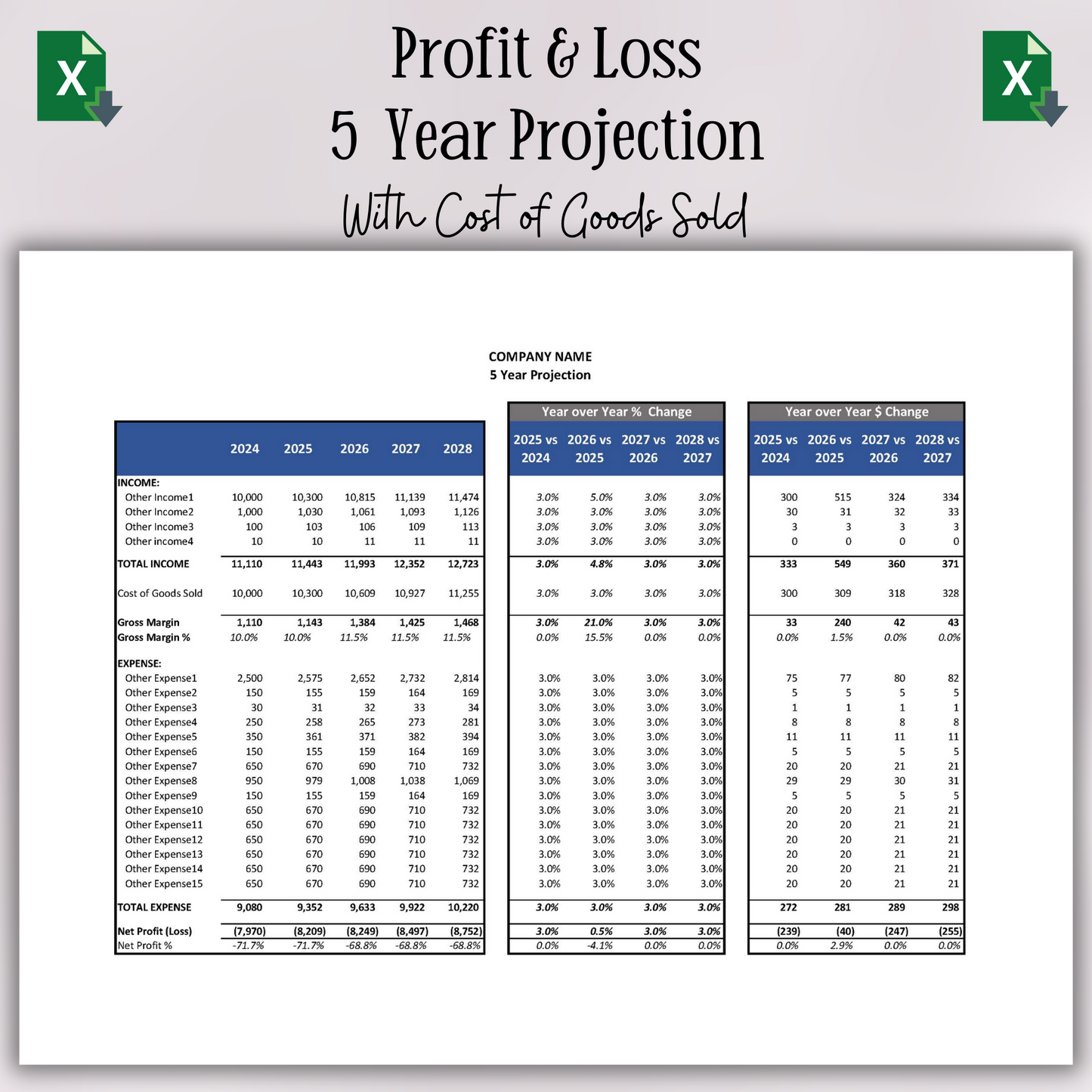 5 Year Projection P&L (Excel)