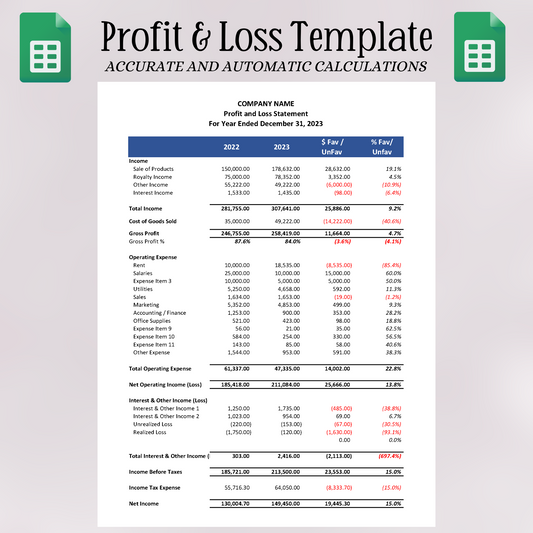 Profit & Loss Statement with Prior Year with Cost of Goods Sold (Google Sheets)