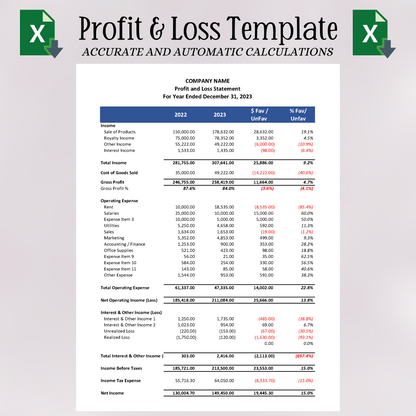 Profit & Loss Statement with Prior Year with Cost of Goods Sold (Excel)