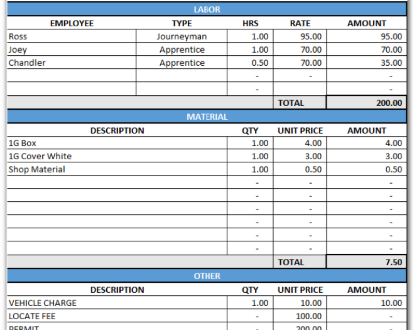 Invoice with Labor & Material Breakdown (Excel & PDF)