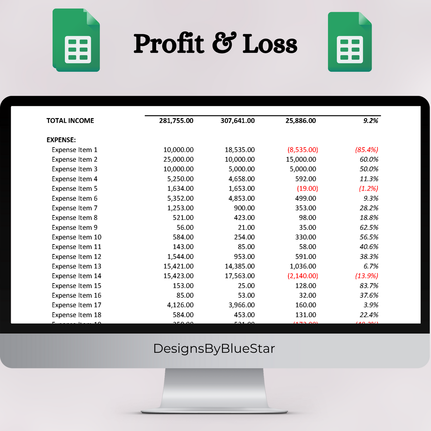 Profit & Loss Statement with Prior Year without Cost of Goods Sold (Google Sheets)