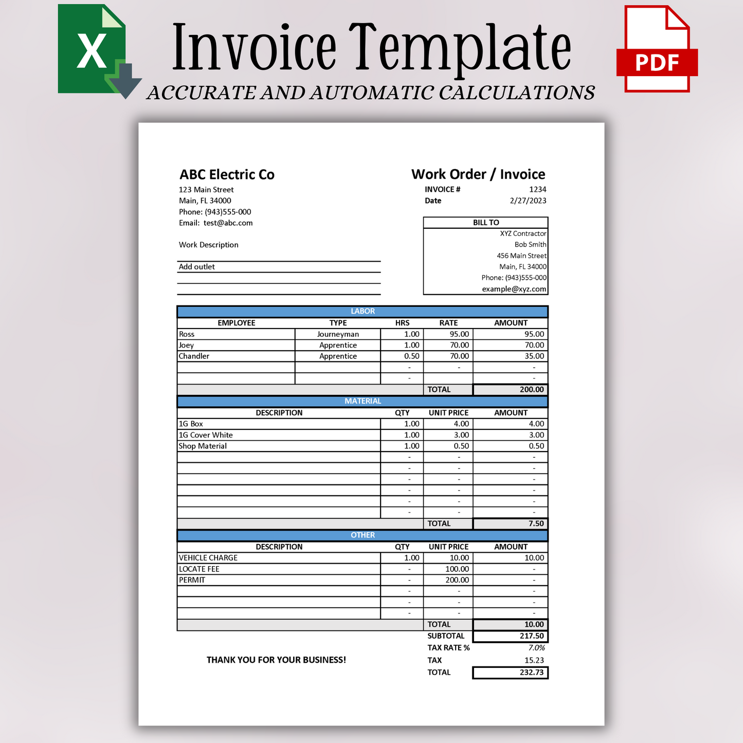 Invoice with Labor & Material Breakdown (Excel & PDF)