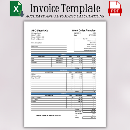 Invoice with Labor & Material Breakdown (Excel & PDF)