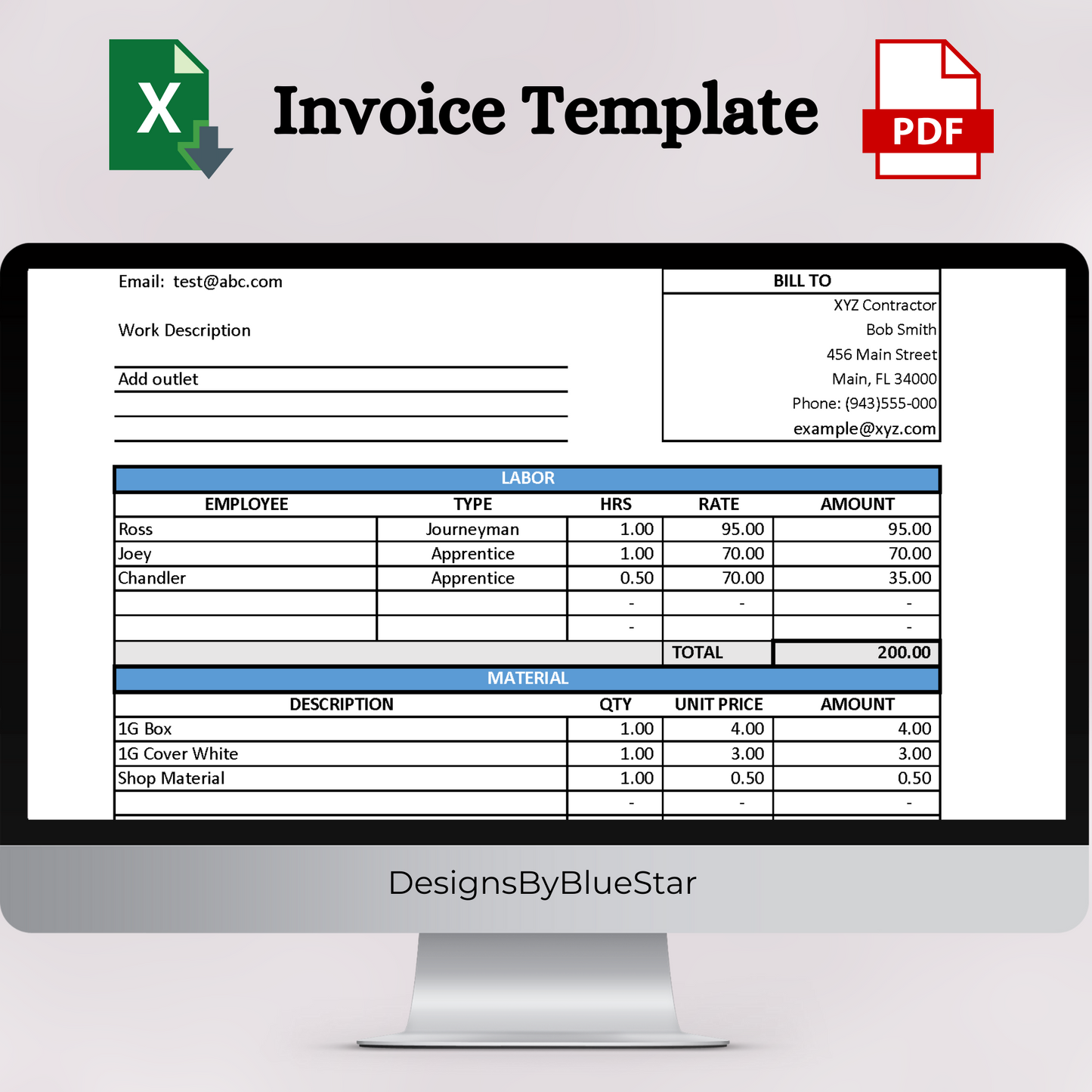 Invoice with Labor & Material Breakdown (Excel & PDF)