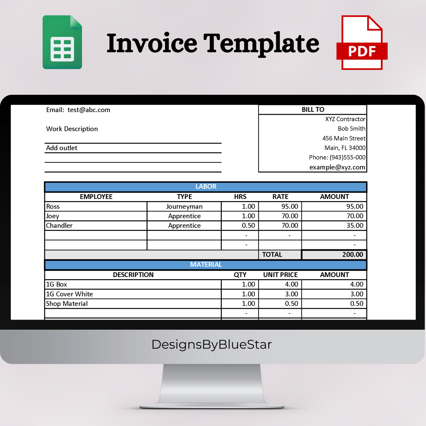 Invoice with Labor & Material Breakdown (Google Sheets & PDF)