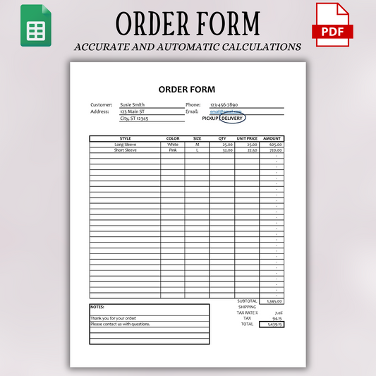 Order Form Template Version 1  (Google Sheets)