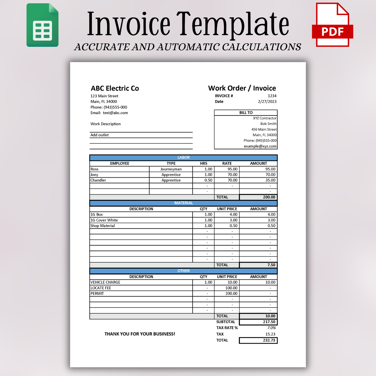 Invoice with Labor & Material Breakdown (Google Sheets & PDF)