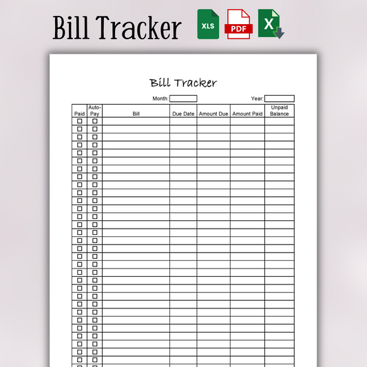 Bill Tracker (Excel, Google Sheets, & PDF)