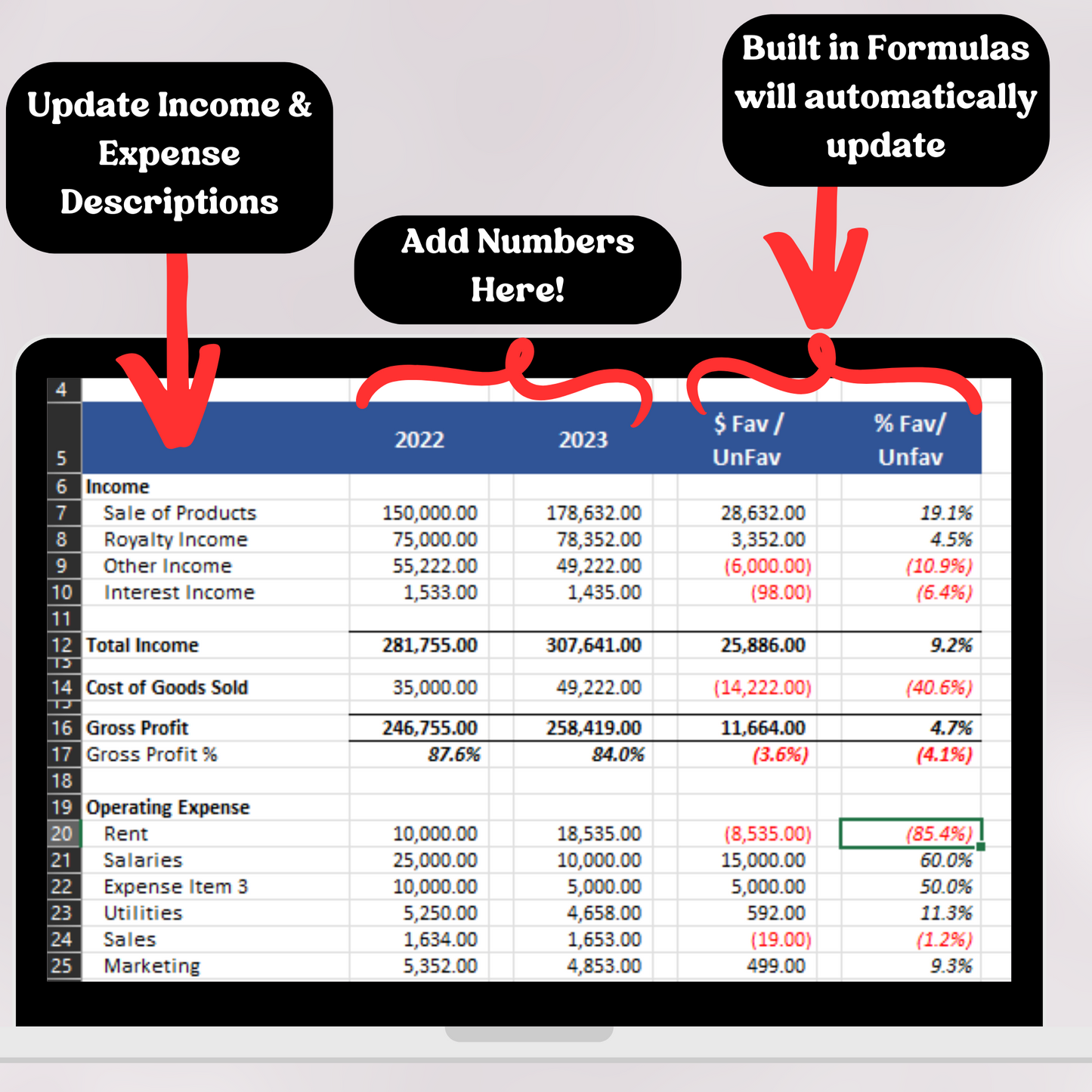 Profit & Loss Statement with Prior Year with Cost of Goods Sold (Excel)