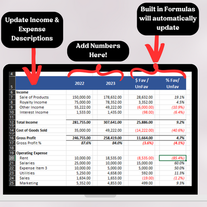 Profit & Loss Statement with Prior Year with Cost of Goods Sold (Excel)