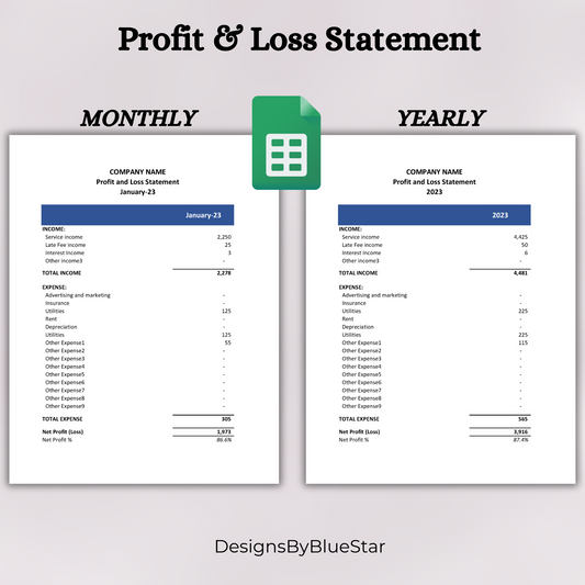 Profit and Loss Statement Spreadsheet with Transactional Data (Google Sheets)