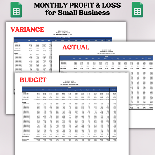 Monthly Profit & Loss with Actual, Budget & Variance (Google Sheets)