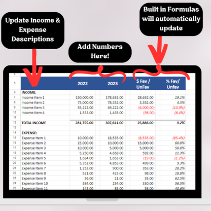 Profit & Loss Statement with Prior Year without Cost of Goods Sold (Google Sheets)