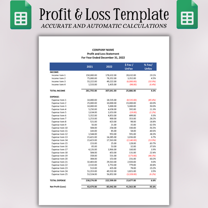 Profit & Loss Statement with Prior Year without Cost of Goods Sold (Google Sheets)