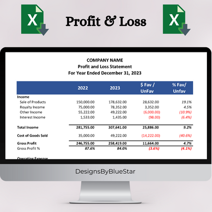 Profit & Loss Statement with Prior Year with Cost of Goods Sold (Excel)