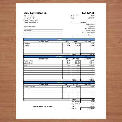 Estimate Template with Labor & Material Breakout (Excel)