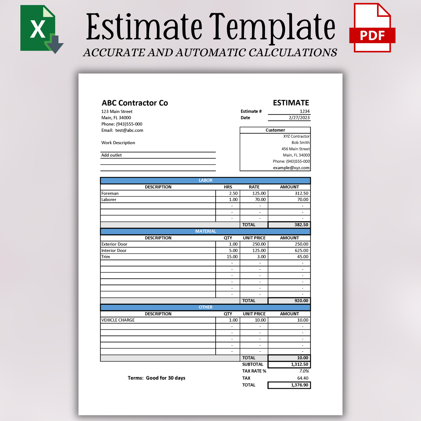 Estimate Template with Labor & Material Breakout (Excel)