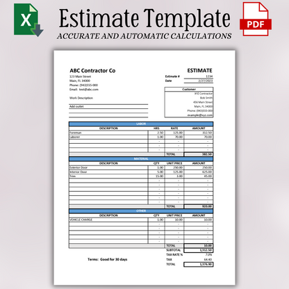 Estimate Template with Labor & Material Breakout (Excel)