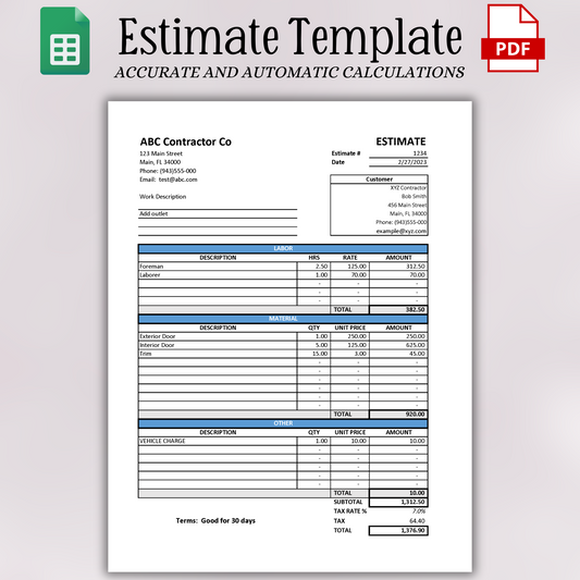 Estimate Template with Labor & Material Breakout (Google Sheets)