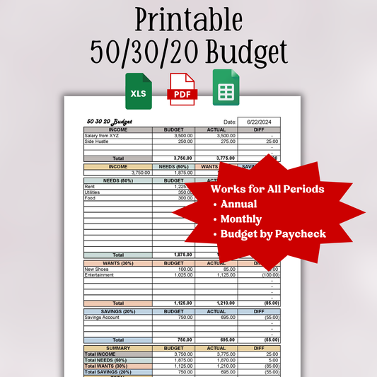 Printable Budget (Excel, Google Sheets, & PDF)