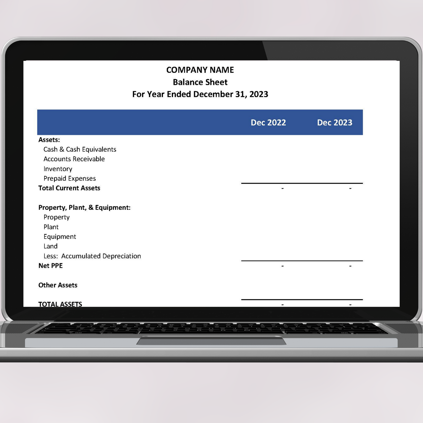 Balance Sheet with Prior Year (Google Sheets)