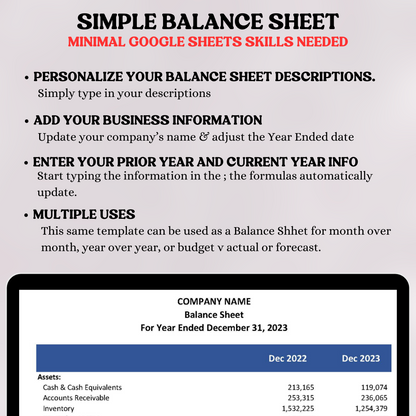 Balance Sheet with Prior Year (Google Sheets)