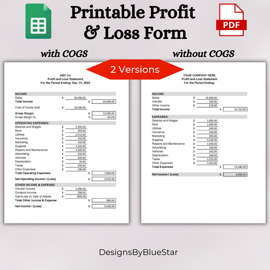 Printable P&L Form (Google Sheets)