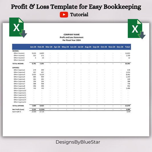 Monthly Profit and Loss Statement with Transactional Data (Excel)