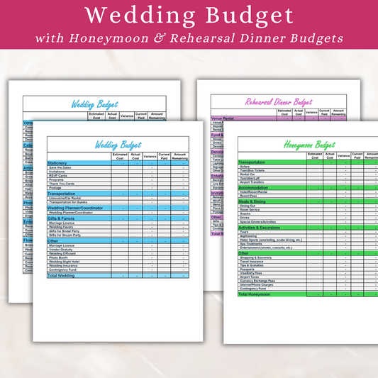 Wedding Budget | Honeymoon Budget | Rehearsal Dinner Budget (Excel)