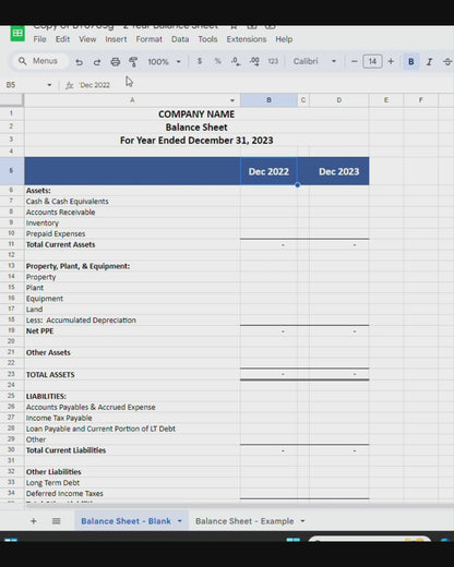 Balance Sheet with Prior Year (Google Sheets)