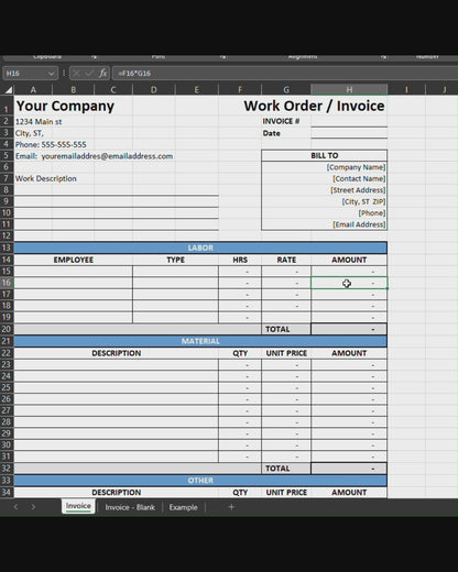 Invoice with Labor & Material Breakdown (Excel & PDF)