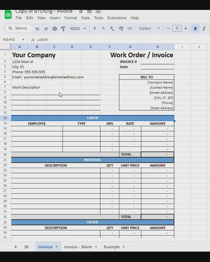 Invoice with Labor & Material Breakdown (Google Sheets & PDF)