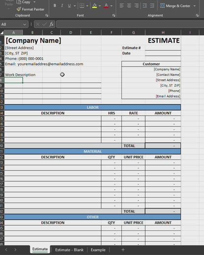 Estimate Template with Labor & Material Breakout (Excel)